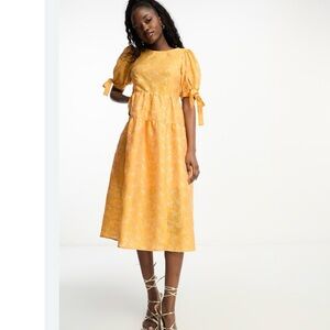 Monki Balloon Sleeve Floral Shimmer Brocade Midi Dress In Orange, Size M